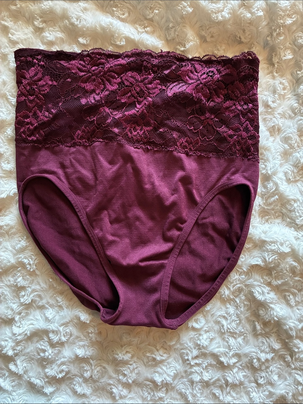 Rhonda Shear High-Waist Lace Trim Briefs — Wine